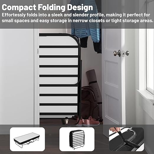 Spring Coil 16-Inch Rollaway Folding Cot Bed with 5 Memory Foam Mattresses Sturdy Metal Folding Frame Fully Assembled Great for Adults and Kids Twin White