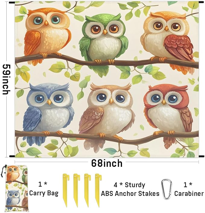 Waterproof Sandproof Beach Blanket 59''×68'' Funny Owls Polyester Outdoor Picnic Blanket with 4 Stakes &amp Storage Bag for BeachCampingVacation Multi-Color