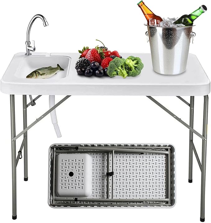 Folding Fish Cleaning Table with Sink – 4FT Portable Camping Sink &amp Fillet Station Outdoor Sink w/Faucet &amp Hose Hookup for Fishing Dock Beach Kitchen Patio Picnic