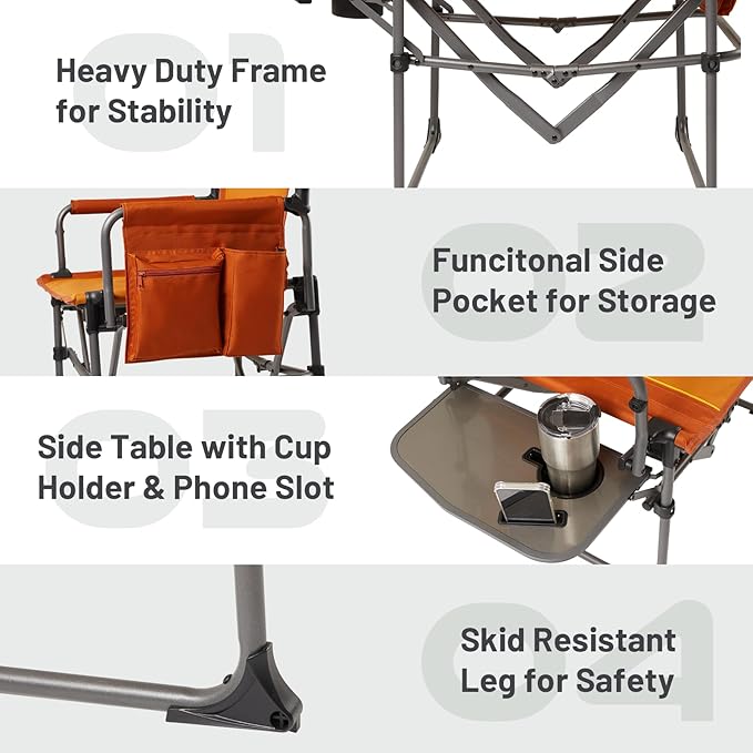 TIMBER RIDGE Aluminum Camping Directors Chair with Side Table Pocket Portable Folding Chair Heavy Duty Lawn Chair for Fishing Trip Picnic Concert Outdoor 400lbs Orange 2 Pack