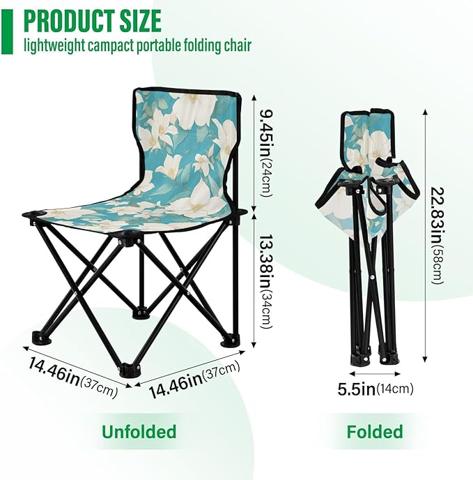 KLL Chic White Clematis Flowers Teal Background Folding Camping Chairs Lightweight Folding Backpack Chair Carry Bag Included Ice Fishing Chairs for Traveling Camping