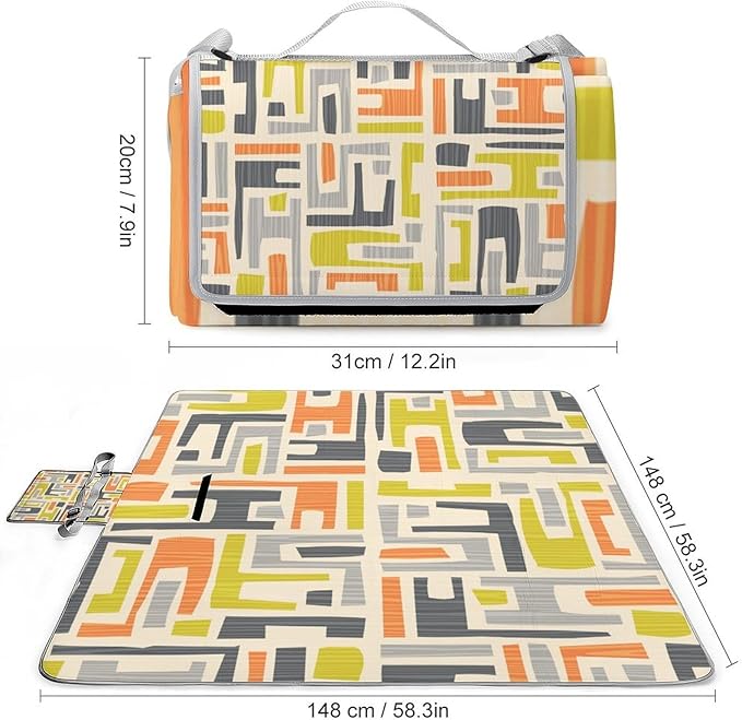 Colorful Retro Mid Century Modern Atomic Pattern Waterproof Outdoor Picnic Blanket Sandproof Beach Mat for Camping Hiking Grass Travelling