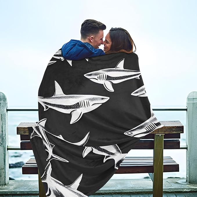 Soft Throw Blanket Shark Silhouette Black White Teen Throw Blanket 50'' x 70''