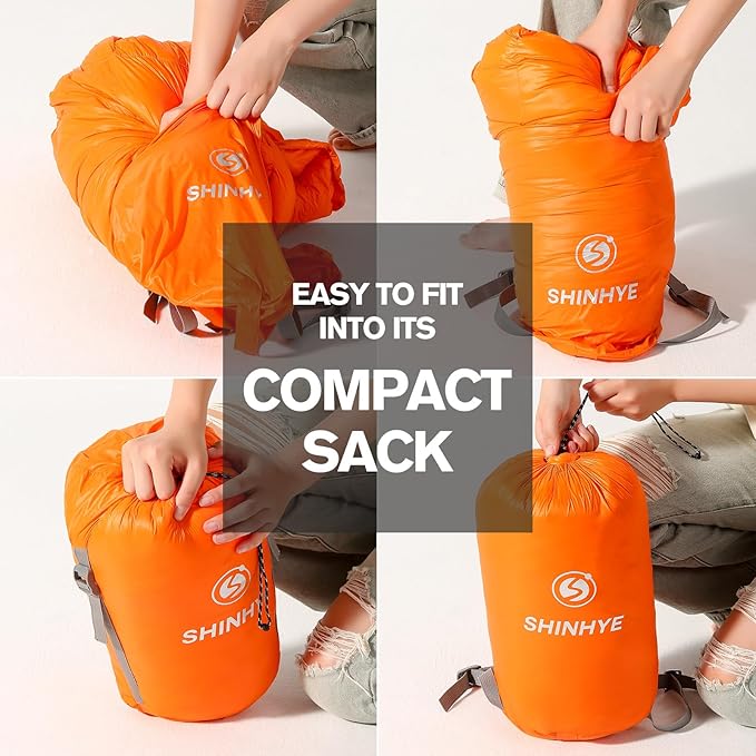 ShinHye Ultralight Adult Sleeping Bag 500g Premium Duck Down - Waterproof &amp Compressible 3-Season Camping/Backpacking 40-59℉ with Compression Sack