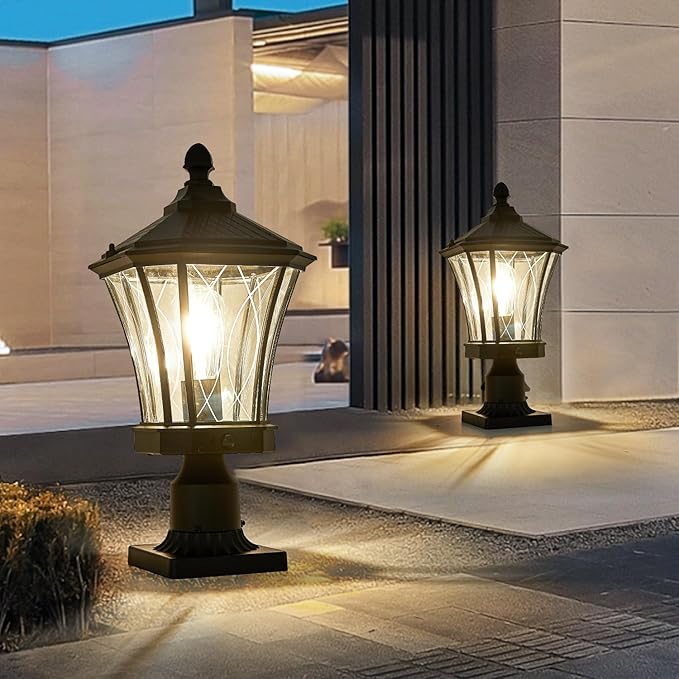 Motion Sensor Outdoor Post Lights with Pier Mount Base Dusk to Dawn Outdoor Pillar Lamps Waterproof Exterior Post Lamp with Patterned Glass Outdoor Pole Lights for Patio Porch Gate