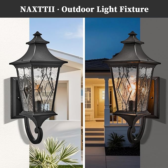 Outdoor Garage Lighting Fixtures 14.6 Inch Outdoor Wall Sconce Light Waterproof Outdoor Light Fixtures Wall Mount with Water Ripple Handmade Glass for Porch 2-Pack E26 Socket
