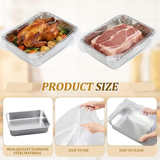 2 Pack 13 L Stainless Steel Commercial Bus Tubs and 50 Pack Plastic Meat Lug Liners Food Grade Meat Processing Tubs Lug for Dishwashing Kitchen Restaurant Utility