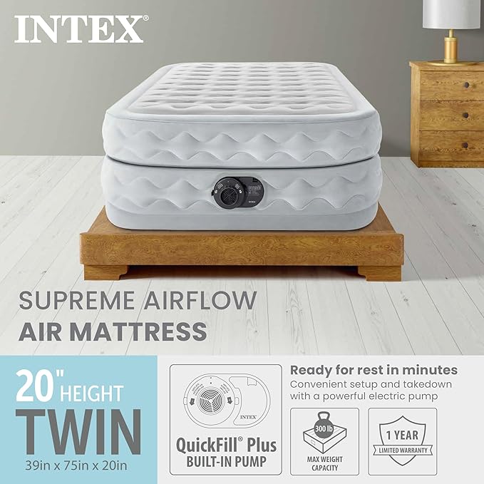 Intex Supreme Air Flow Airbed 20 Inch Raised Air Mattress with Internal / Built-in Pump and Portable Storage Carrying Case Twin