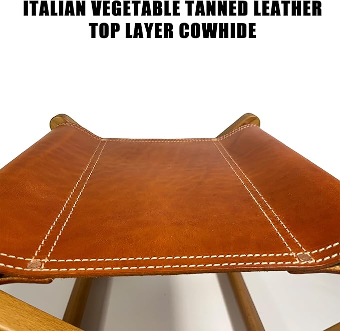 Foldable Leather Stool Portable Beech Wood Artist Folding Stool Italian Top Vegetable Tanned Leather Seat Home Fashion Genuine Leathers Director’s Stools for Home Outdoor Camping Fishing