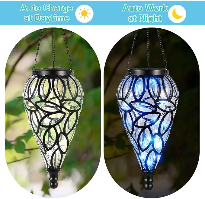 2 Set Solar Hanging Lantern Lights Outdoor Chandelier Moroccan Hanging Solar Light Tear-Shaped 15 LEDs Cool White with S Hooks for Summer Garden Yard Pathway Landscape Porch Decor(Transparent)