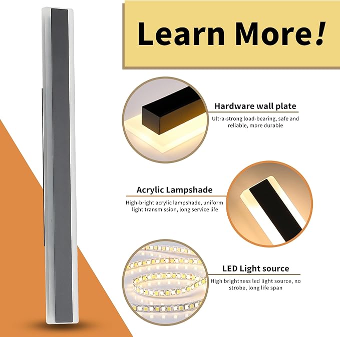 23.6inch Modern Outdoor Wall Light 3000K Warm White Linear Outside Wall Sconce Waterproof IP65 Acrylic Panel Black LED Long Wall Lights for Garage Garden Exterior Wall Mount Lights