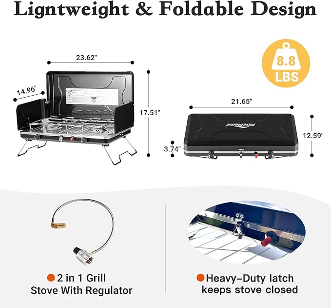 Camping Stove 2 Burners Portable Propane camp Stove with Regulator Integrated Igniter &amp Stainless Steel Drip Tray &amp Built-in Handle &amp Foldable Legs for Outdoor Cooking and Travel-20000 B