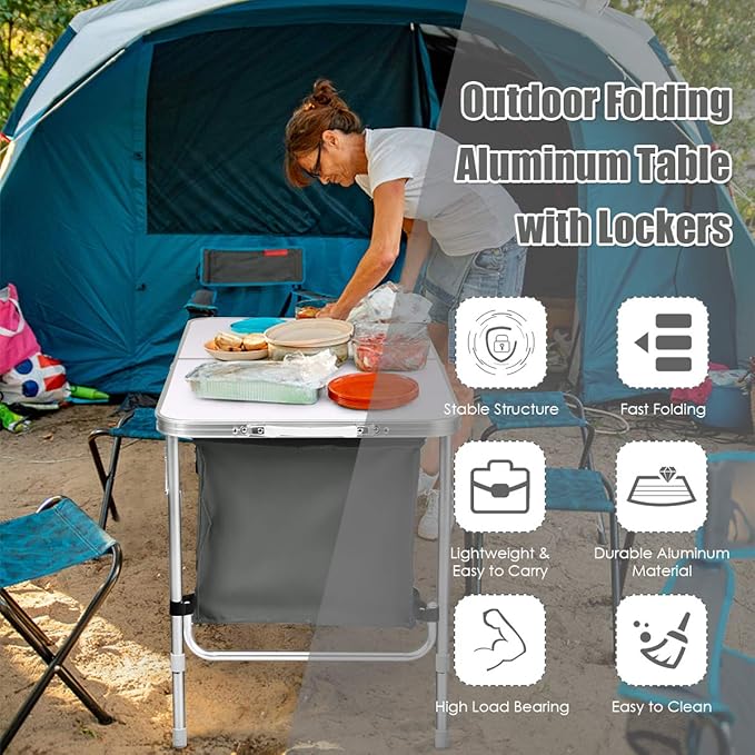 Goplus Folding Camping Table with Storage Aluminum Outdoor Camp Table with 2-Level Adjustable Height Lightweight Portable Foldable Picnic Table for Tailgating Beach BBQ Party RV