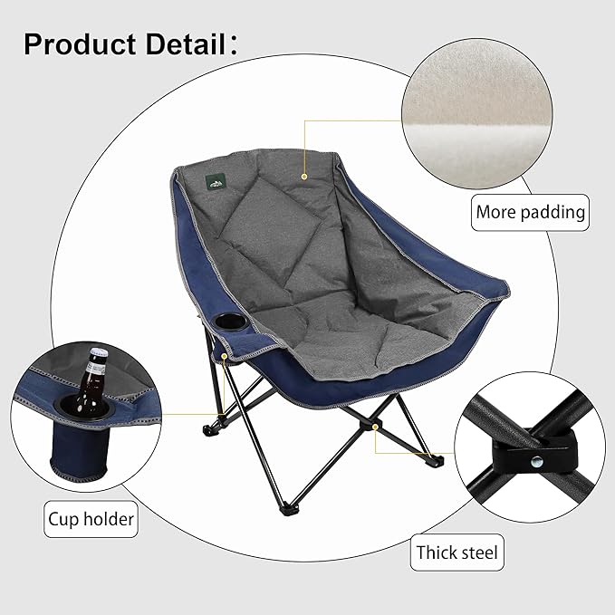 Northroad Oversized Foldable Camping Chair Outdoor Padded Lawn Chair w/Cup HolderCarry Bag for Beach Hiking and PicnicsHeavy-Duty 300-lbs Capacity Blue