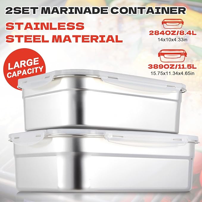 2pcs Large Stainless Steel Marinating Containers with Lids Food Storage Containers for Refrigerator Leak-proof &amp Stackable for Meal PrepTurkey Meat Bacon (389oz/11.5l + 284oz/8.4l)