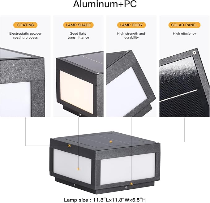 Solar Post Lights Waterproof 11.8 Solar Pillar Lights Outdoor Modern Gate Column Lights Large Square Solar Lantern 3000K LED Entrance Column Lamp for Deck Patio Outside Pool Stone Pillars