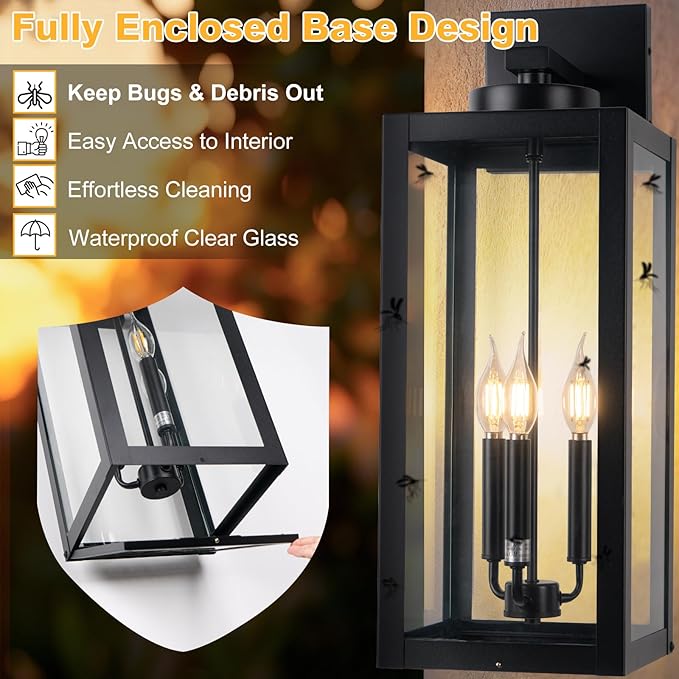 24 Extra Large Fully Enclosed Outdoor Light Fixture 3-Light Black Outdoor Porch Lantern Wall Mounted Waterproof Modern Outside Wall Sconce Coach Lamp for House E12 2 Packs