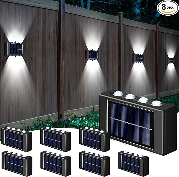 8 Pack Solar Wall Lights for Outside 6000K Cold Solar Fence Lights Up and Down LED Autumn Outdoor Decorative Waterproof Lamps Dusk to Dawn LED Lighting Wall Sconces for Outside Deck Garage
