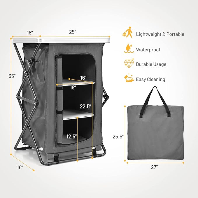 Giantex Folding Camping Storage Cabinet with 3 Shelves and Carry Bag Portable Outdoor Organizer Kitchen Table Quick Set-up for BBQ Picnic Backyard Compact Pop-Up Cupboard 35''H