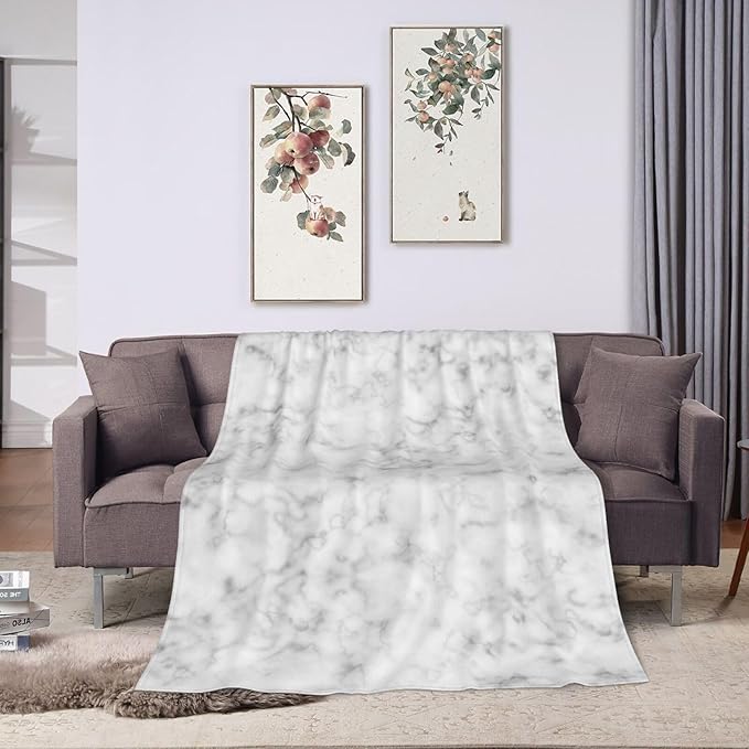 60X50 White and Grey Smoke Marble Lightweight Flannel Blanket - Soft and Breathable Polyester Suitable for Travel Camping and Home Decoration