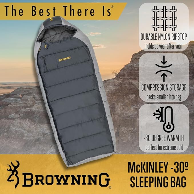Browning McKinley -30° Sleeping Bag - Oversize Insulated Hooded Rectangle Made with Ripstop Outer and Brushed Polyester Liner with Compression Stuff Sack Charcoal/Gray