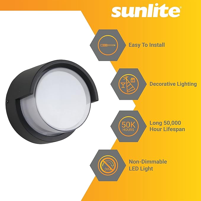 Sunlite 85106 LED Round Modern Outdoor Light Fixture with Canopy 12 Watts 850 Lumens Color Selectable 30K/40K/50K 90 CRI ETL Listed Black for Entryway Garage and Porches