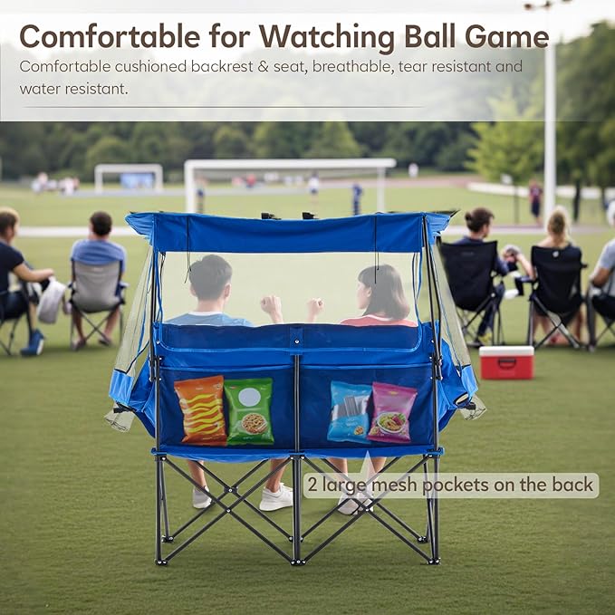 TUKAILAi Double Camping Chair with Canopy Shade Oversized Folding 2 Person Loveseat with Cup Holders and Side Pockets Portable Outdoor Couch for Beach Lawn Picnic Fishing (Blue + Grey)