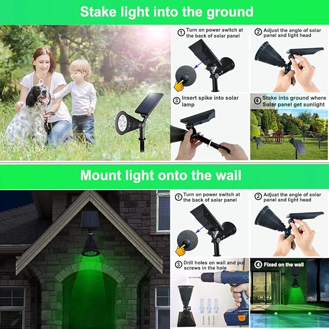 Solar Lights Outdoor Waterproof 4 LED Landscape Lights 2 in 1 LED Solar Spotlight for Flag Garden Pathway Yard Patio Lawn Outdoor Decor Lighting (Green)