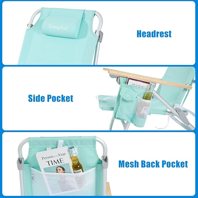 SUNNYFEEL Low Back Folding Beach Chair Aluminum Heavy Duty Beach Chair with 5-Position Portable Camping Chair for Adults with Wood Armrest Lightweight Camping Chair 300lbs Green