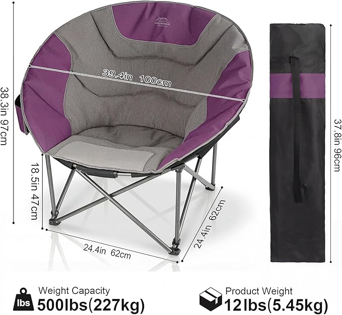 Oversized Portable Moon Camping ChairsRound Folding Lawn Chair w/Cup HolderOutdoor Heavy Duty Supports 500Lbs Comfy ChairPerfect for Family CampHikingPicnics and Beach TripsPurple