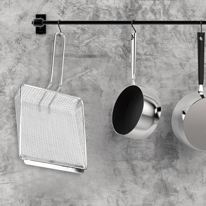 Multi Function Stainless Steel Frying Shovel Kitchen Mesh Scooper Strainer for French Fries Deep Fry Filter with Long Heat Handle for Home and Restaurant Use