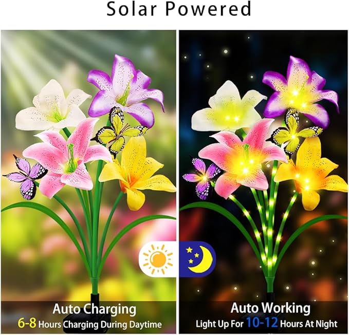Solar Garden Lights 2 Pack with 8 Lilies Outdoor Decorative Flower Lights for Garden Gift for Family and Friends IP65 Waterproof Flower Solar Outdoor Stake Lights for Yard Patio Lawn Pathway