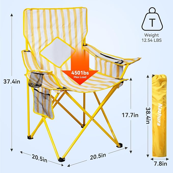 Nazhura 2 Pack Folding Camping Chair with Cooler Pouch Mesh Backrest and Cup Holder Pocket (Yellow 2 Pack)