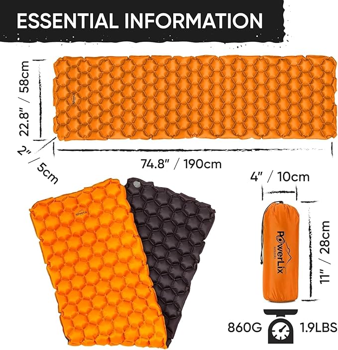 POWERLIX Ultralight Inflatable Camping Sleeping Pad - Camping Mattress for Backpacking Hiking Compact Lightweight Sleeping Mat for Camping Inflation Bag/Repair Kit Included