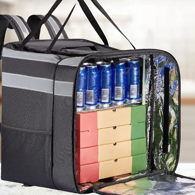 Pizza Carrier – Expandable Delivery Backpack Insulated Thermal Interior Heavy Duty Fabric Build Heat Retention Design Secure Zipper Closure Large Capacity Food Transport System | Restaurant Takeo
