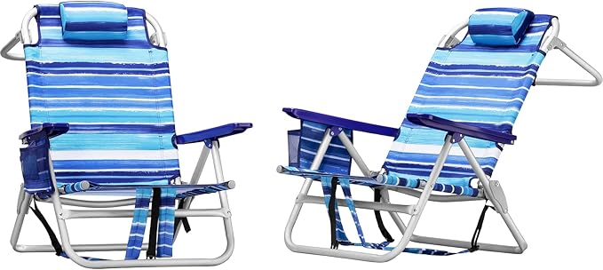 LEMBERI Backpack Beach Chairs for Adults1/2 Pack Folding Heavy Duty Camping Chair with Large Pockets and Cup HolderAdjustable high Beach Lounge Chairs with Towel Rack for OutdoorTravel (2 Blue)