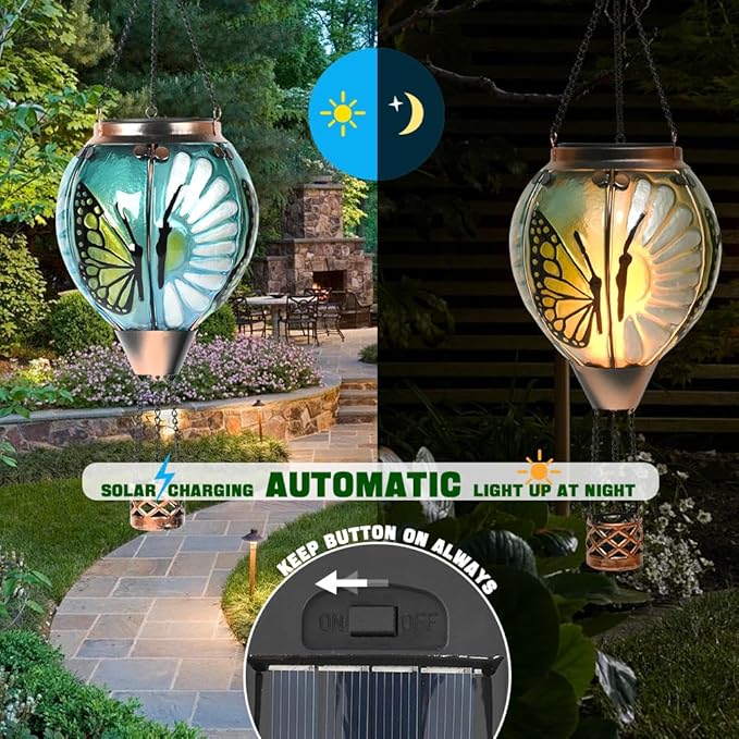 Hot Air Balloon Solar Lantern - Butterfly Stained Glass Lantern Simulated Flickering Dancing Flame Outdoor Hanging Yard Light Waterproof IP65 for Patio Lawn Porch Decor Gift