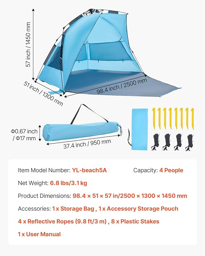 VEVOR Beach Tent Sun Shelter for 4 Person Pop Up Beach Tent UPF 50+ Portable Sun Shade Beach with Carrying Bag and Sand Pockets Easy Setup Umbrella for Camping Fishing Outdoor Picnic