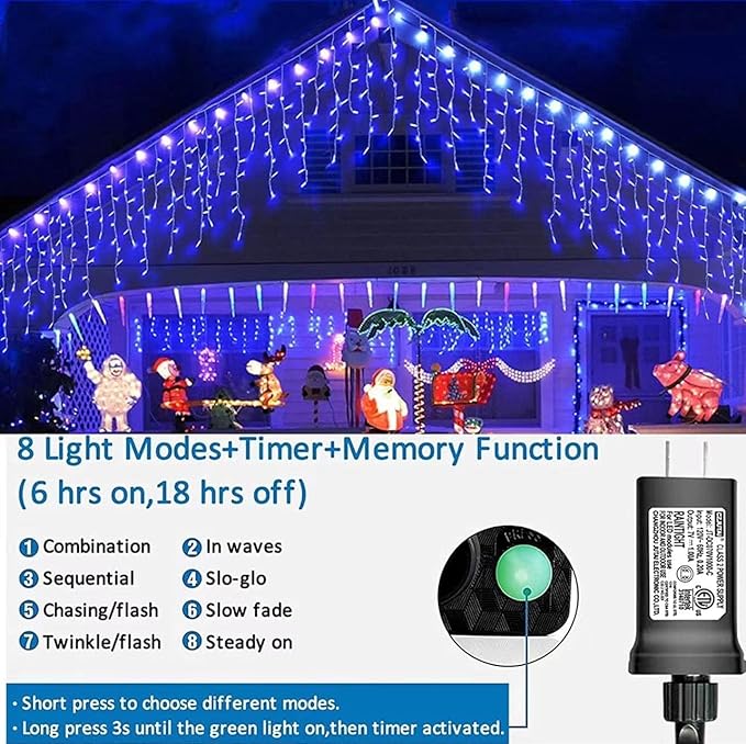 YEGUO 66ft 800 LED Blue Icicle Lights Outdoor Waterproof 160 Drops Icicle String Light Connectable 8 Modes Icicle Christmas Lights with Memory Timer