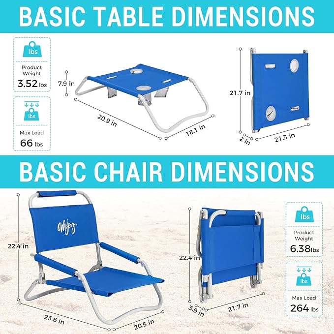 #WEJOY 2 Beach Chairs and Table Set Lightweight &amp Folding Backpack Beach Chair for Outdoor Beach Lawn Camping Picnic Blue Beach Chairs Set