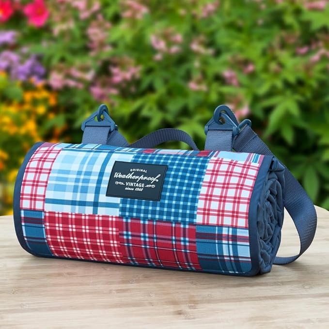 Weatherproof Vintage Waterproof Outdoor Blanket- Blue and Red Roll Up Throw Blanket with Handle Velcro Closure - Camping Supplies Travel Blanket for Beach Picnic &amp Events 60x72 (Madras)