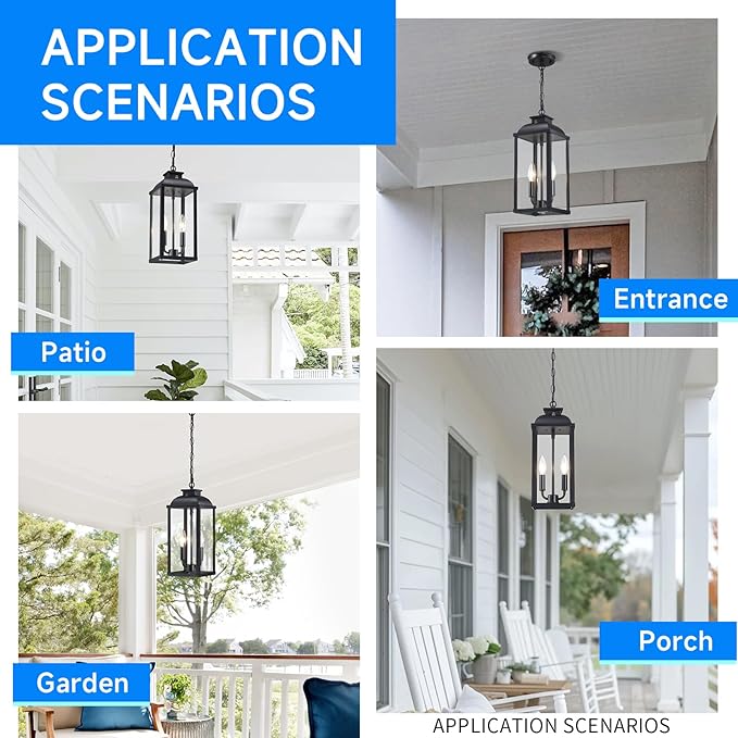 Large Outdoor Pendant Light 2-Light 15.8 Dusk to Dawn Exterior Hanging Lights Fixture with Clear Glass Modern Black Outdoor Chandelier for Gazebo Porch Patio Front Door