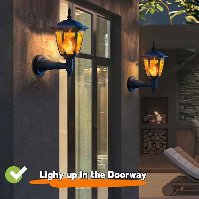 Dynaming 4 Pack Solar Flame Wall Lanterns Outdoor Solar Powered Wall Mounted Sconce Lights Flickering Flame LED Lights Auto On/Off Wall Hanging Lights Waterproof for Garage Stair Patio Porch Yard