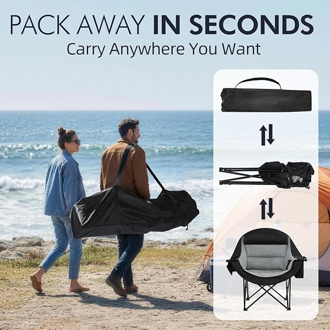 Oversized Camping Chair for Adults - Heavy Duty Outdoor Padded Large Lawn Camp Chair with Cup Holder Cooler Pockets for Sports Beach Fishing Garden Portable Supports 500lbs Black/Grey 2 Pack