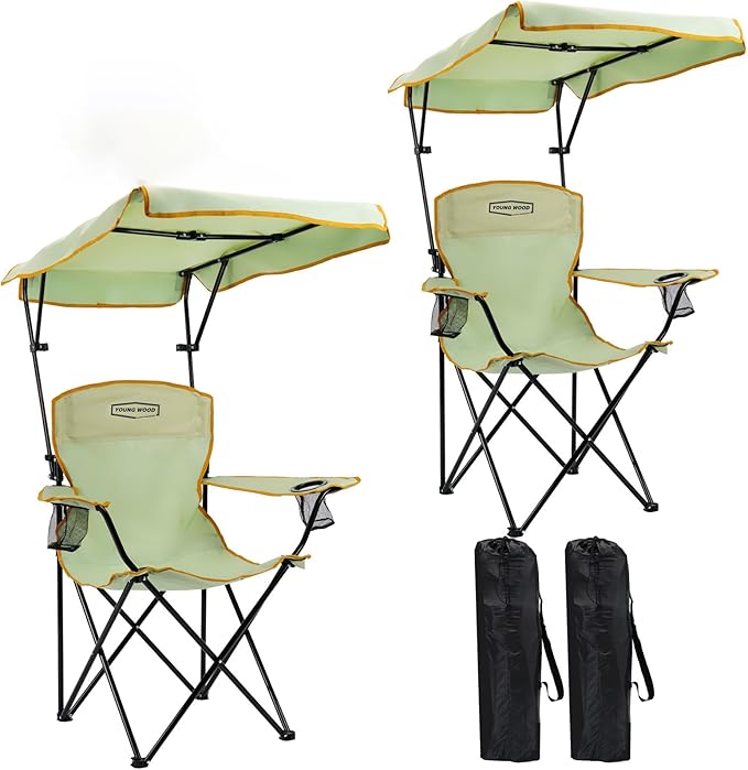 YOUNG WOOD Portable Camping Chair Beach Chair with Shade Canopy Fold Lightweight Oversized for All Easy to Open and Close Without Installation Side Pocket Design for All Outdoor ActivitiesGreen2p