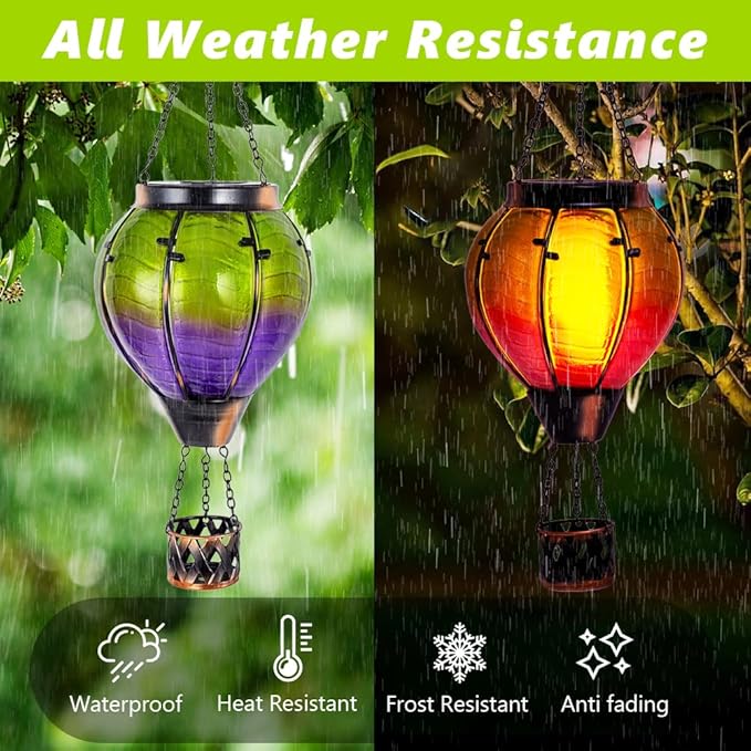 Gradient Hot Air Balloon Solar Lanterns Outdoor WaterproofGradient Glass Solar Hanging Hot Air Balloon Lantern with Flame Flickering Lights for PatioPorchYard Decor