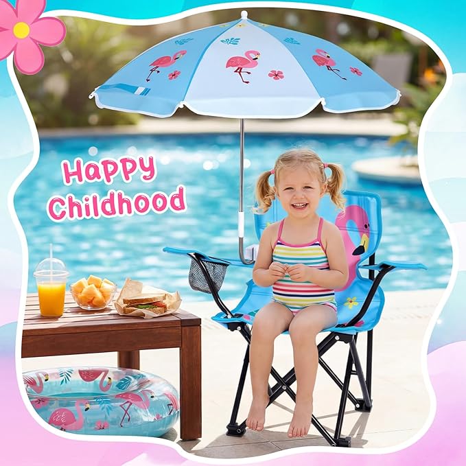 Outdoor Toddler Camping Chair with Umbrella Foldable Beach Chairs with Safety Lock for Kids Waterproof Lawn Kids Folding Chair for Outside Beach Travel(Flamingo)