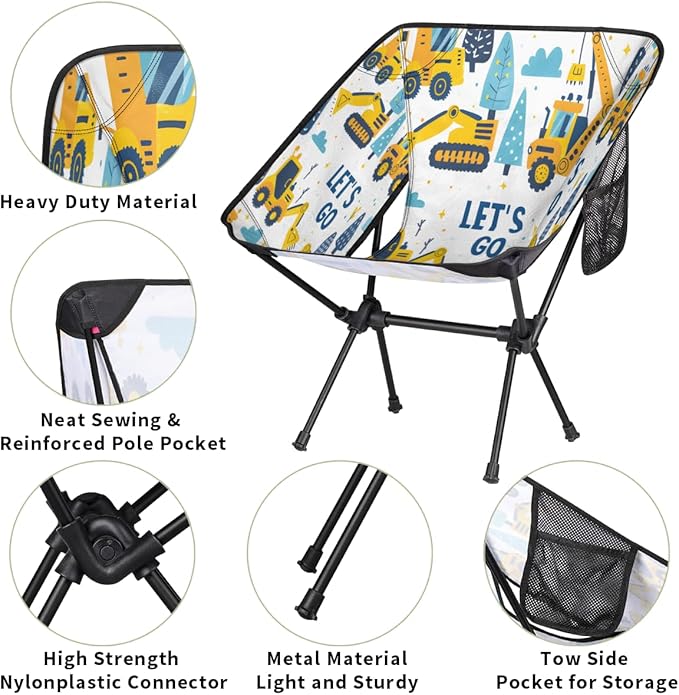 Excavator Truck Digger Camping Chair Lightweight Portable Chairs for Adults Easy Installation Outdoor Foldable Camping Chair for Camping Fishing Hiking Picnic Beach