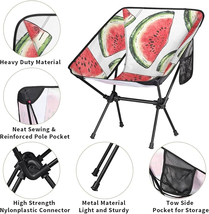 Honeybaby Folding Camping Chair Watercolor Watermelon Slices Camping Chairs Lightweight Portable Chair Outdoor Foldable Chairs for Camping Travel Picnic Beach Hiking