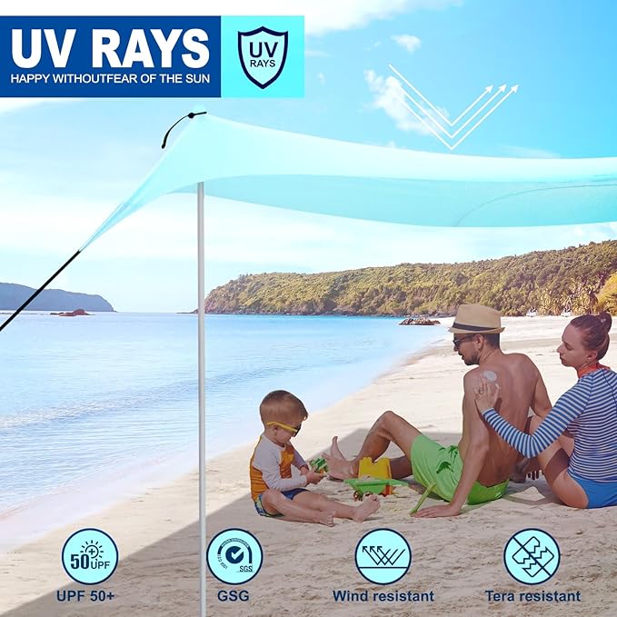 Beach Tent Sun Shelter with UPF50+ Protection Grande Beach Tent for Family Vacation Outdoor Beach Shade Canopy with 4 Pole and 8 Sandbags for Camping Fishing Backyard Fun (10×10FT)
